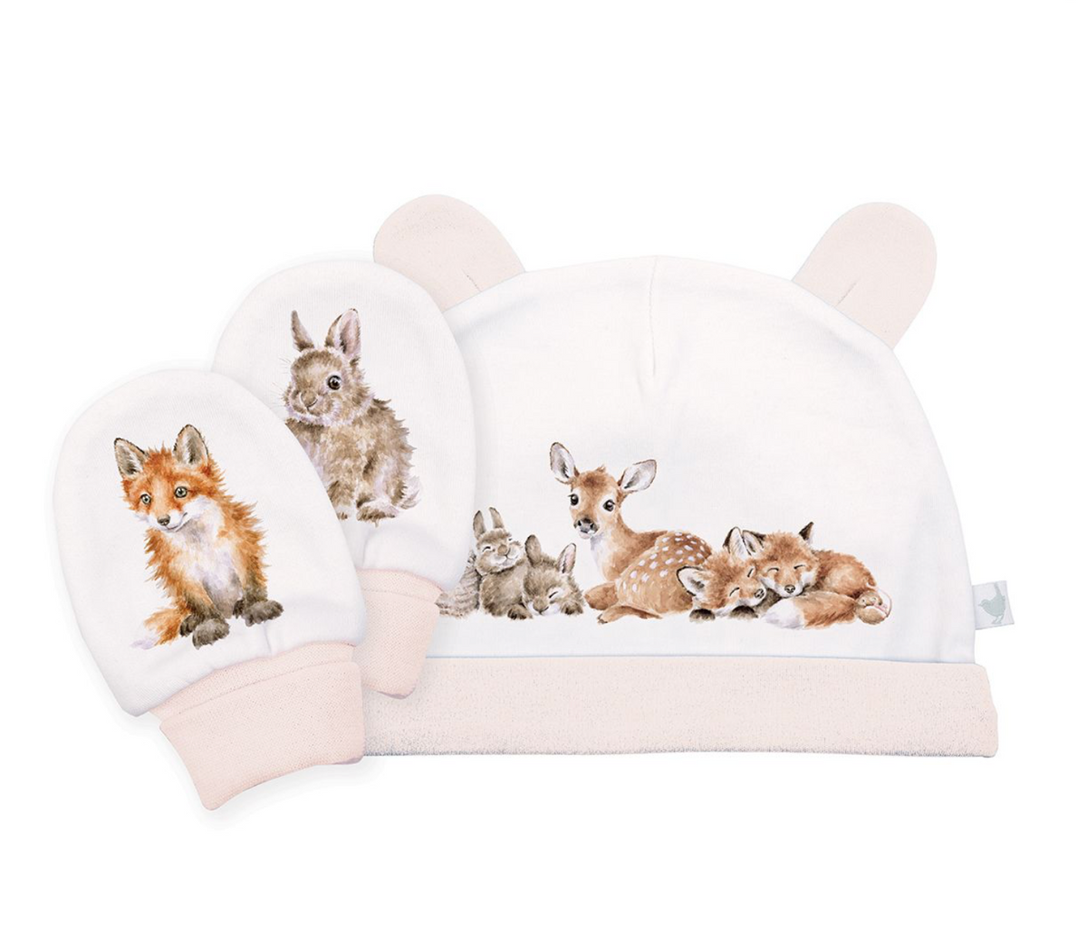 'LITTLE FOREST' WOODLAND ANIMAL NEWBORN HAT AND MITTEN SET