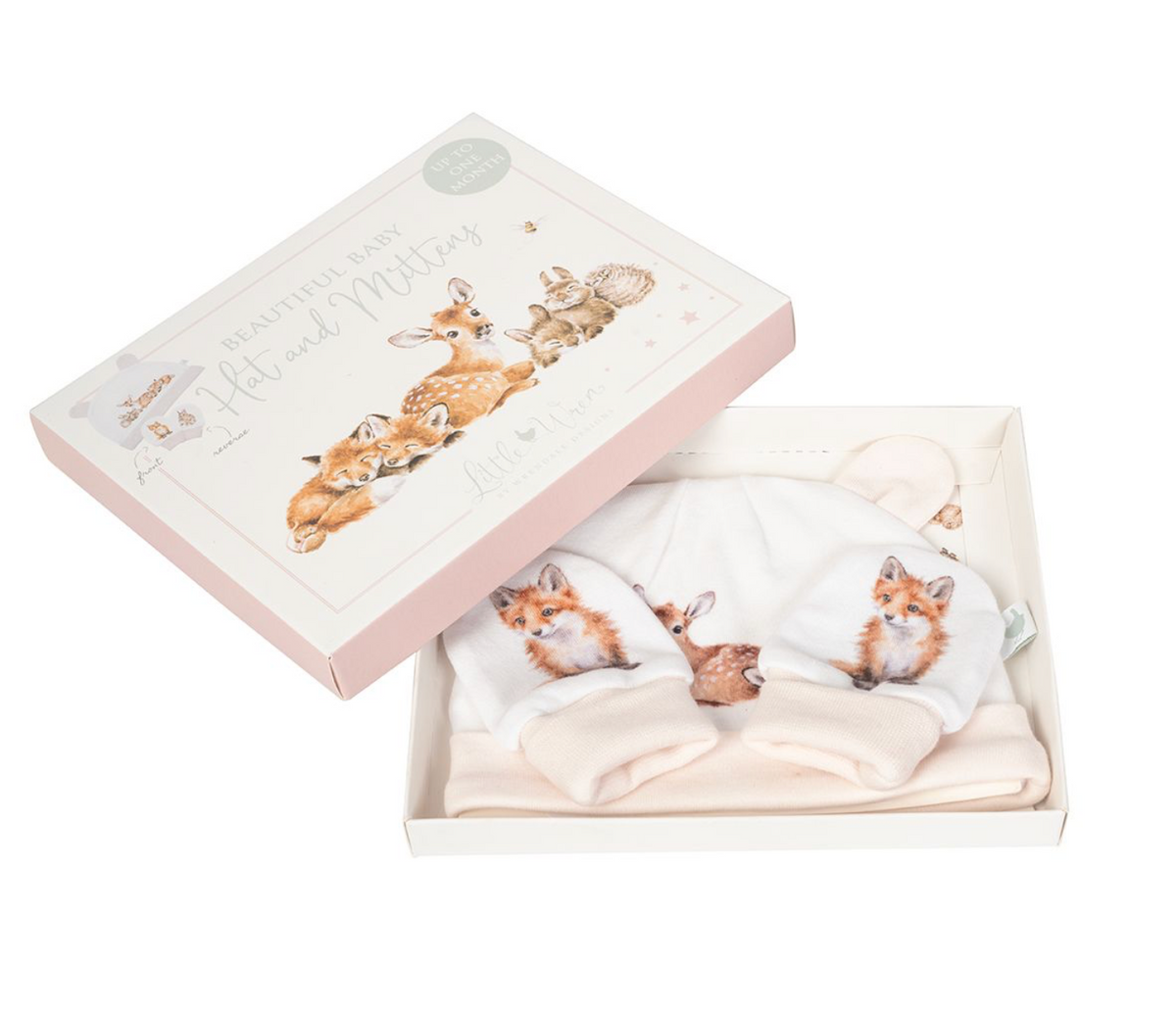 'LITTLE FOREST' WOODLAND ANIMAL NEWBORN HAT AND MITTEN SET