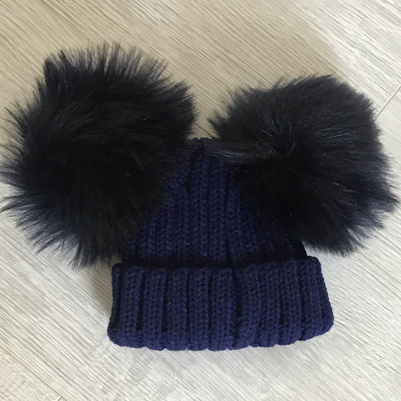 Faux Fur Double Pompom Ribbed Hat Navy