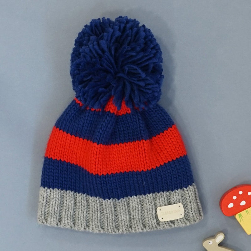 Red and Blue Striped Bobble Hat