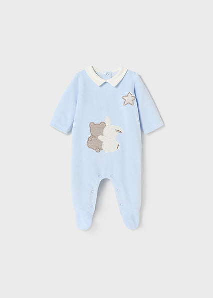 Mayoral Velour Baby Blue Sleepsuit bunny/lion