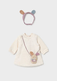 Mayoral White Fluffy Teddy Bear Dress with Headband