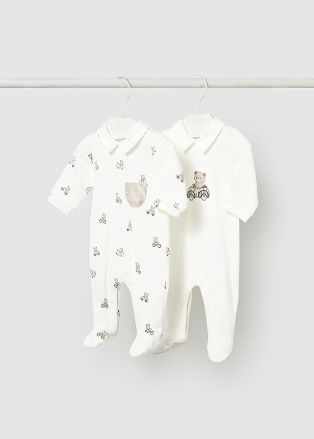 Mayoral White/Beige Bear Sleepsuits