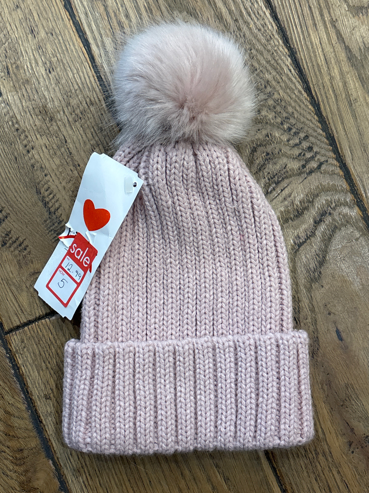 Kinder Faux Fur Single Pompom Ribbed Winter Hat Rose Gold Pink