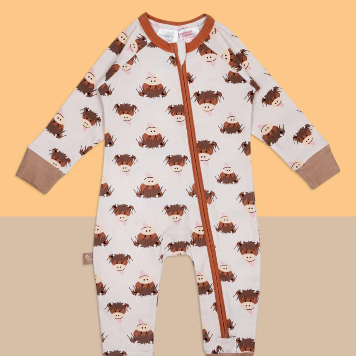 Neutral Hamish Highland Cow Zip-Up Romper