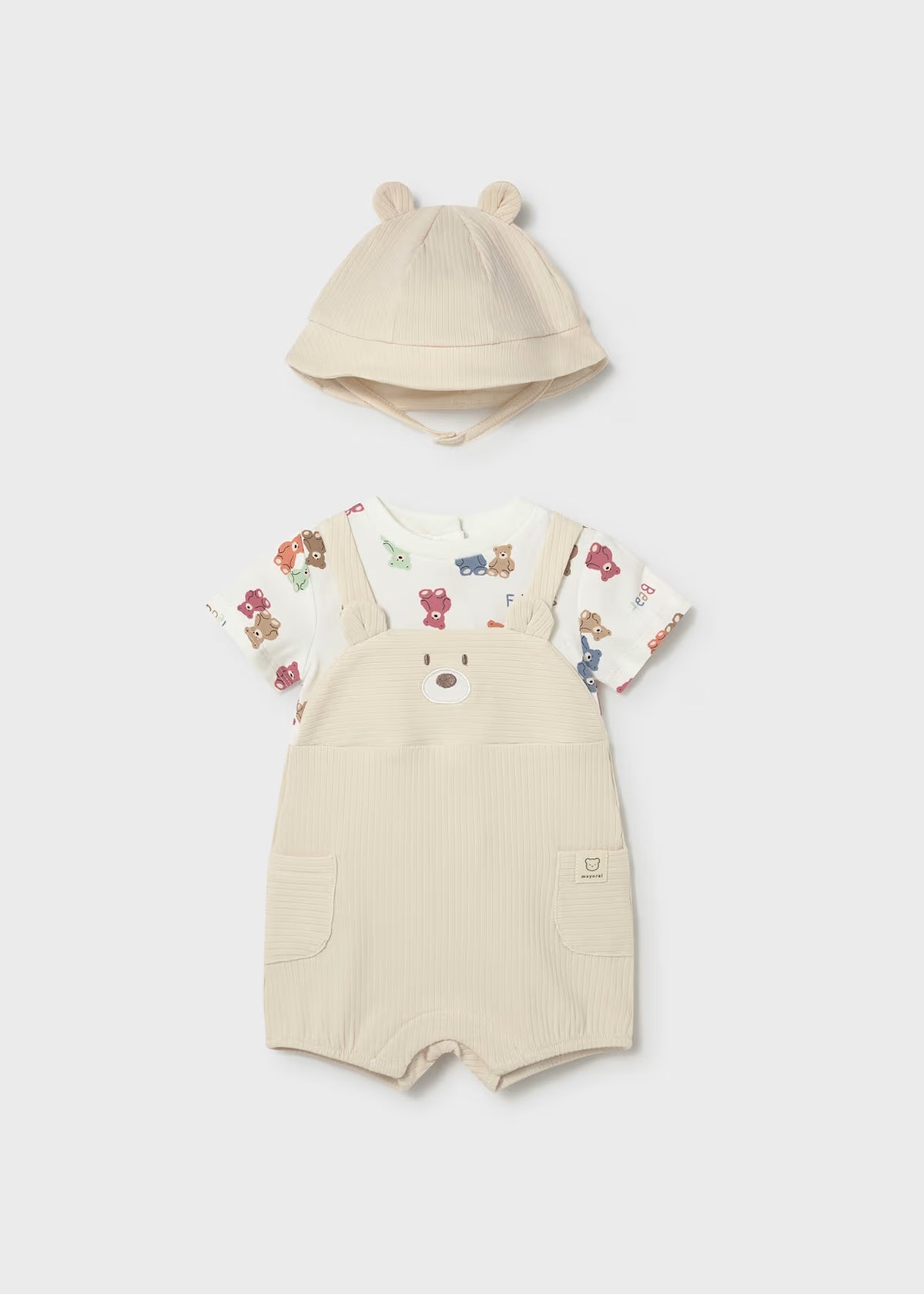 Mayoral Bear Print Dungaree and Hat