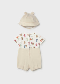 Mayoral Bear Print Dungaree and Hat