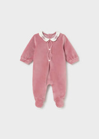 Mayoral Velour Dark Pink Embroidered Collar Sleepsuit