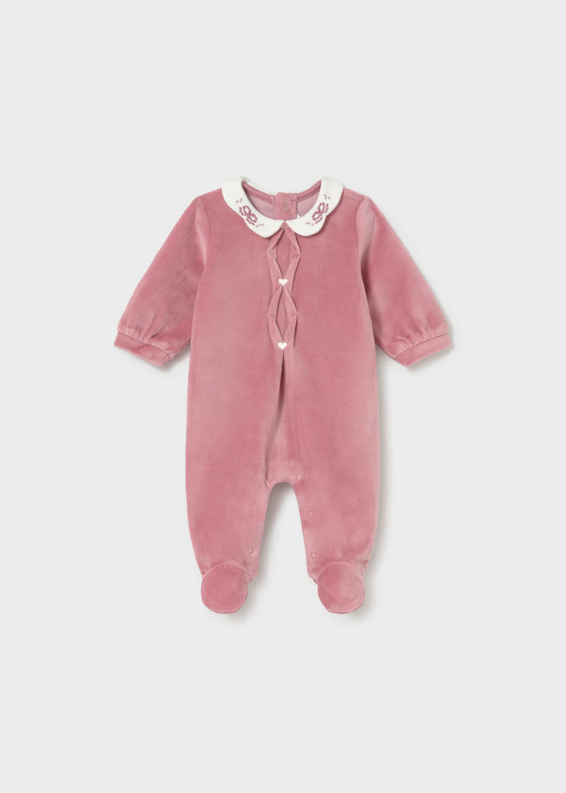 Mayoral Velour Dark Pink Embroidered Collar Sleepsuit