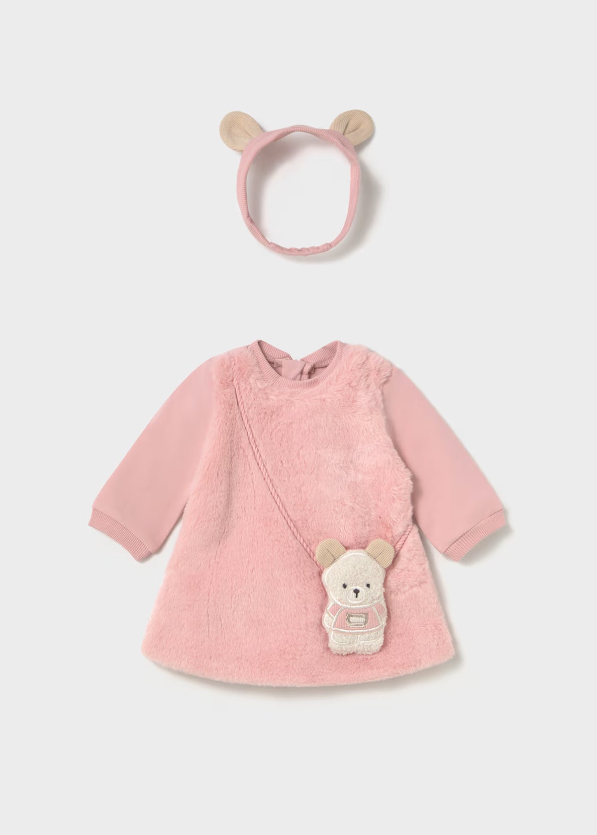 Mayoral Pink Fluffy Teddy Bear Dress with Headband