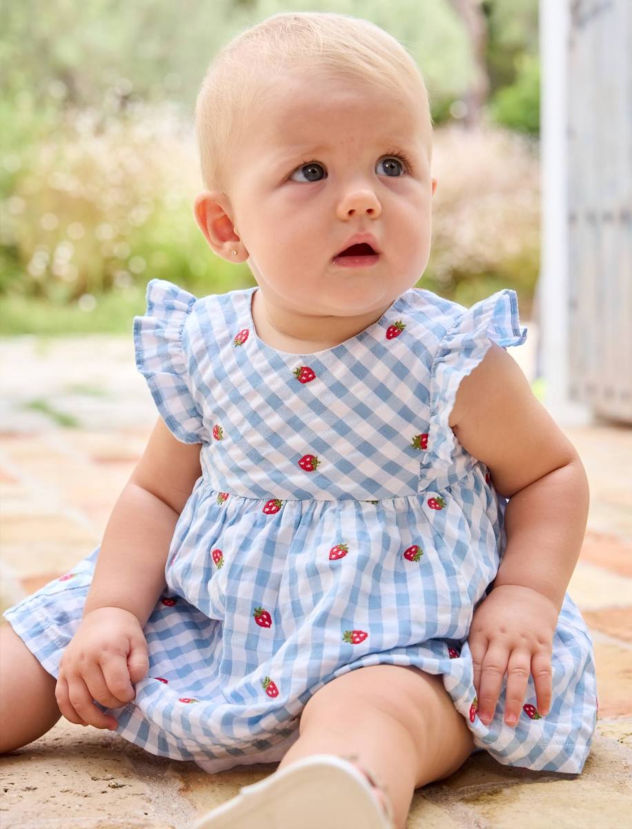 Mayoral Blue Embroidered Strawberry Dress with Pants