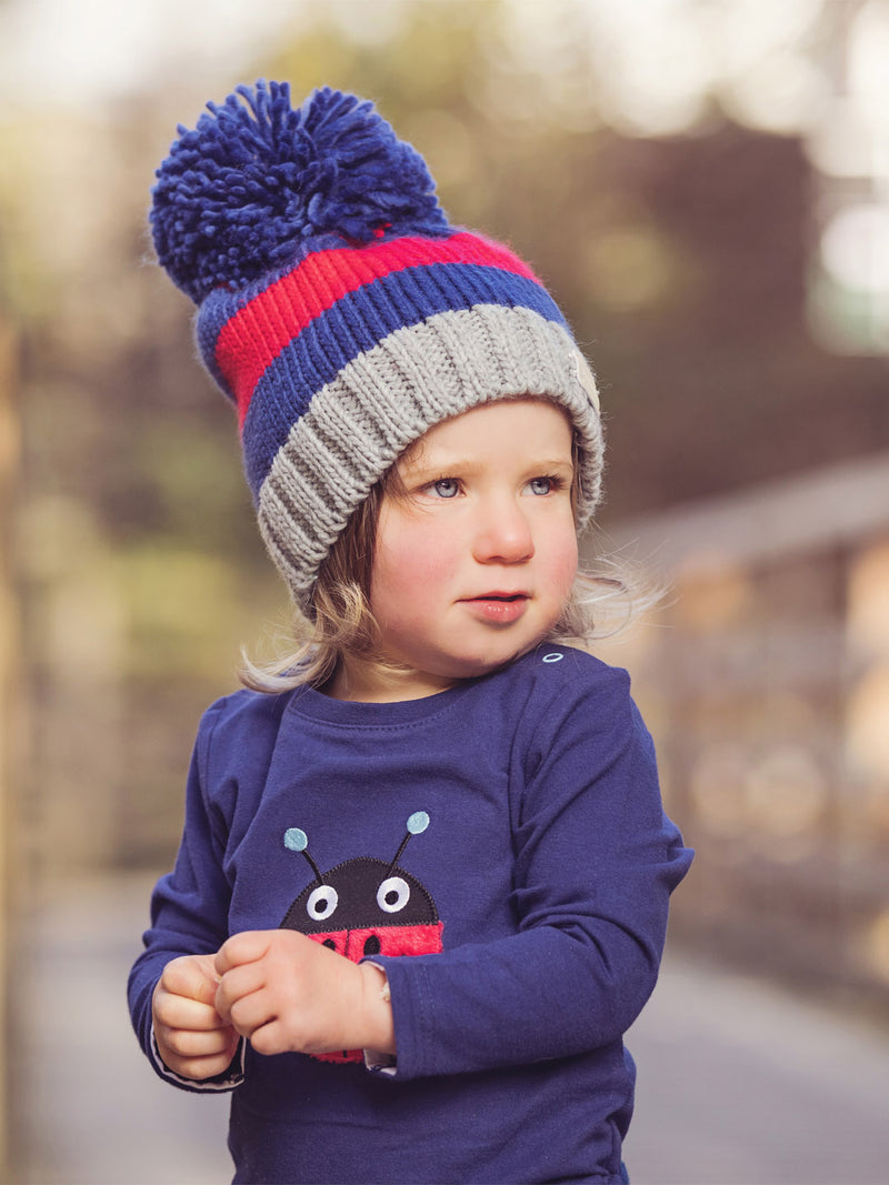 Red and Blue Striped Bobble Hat