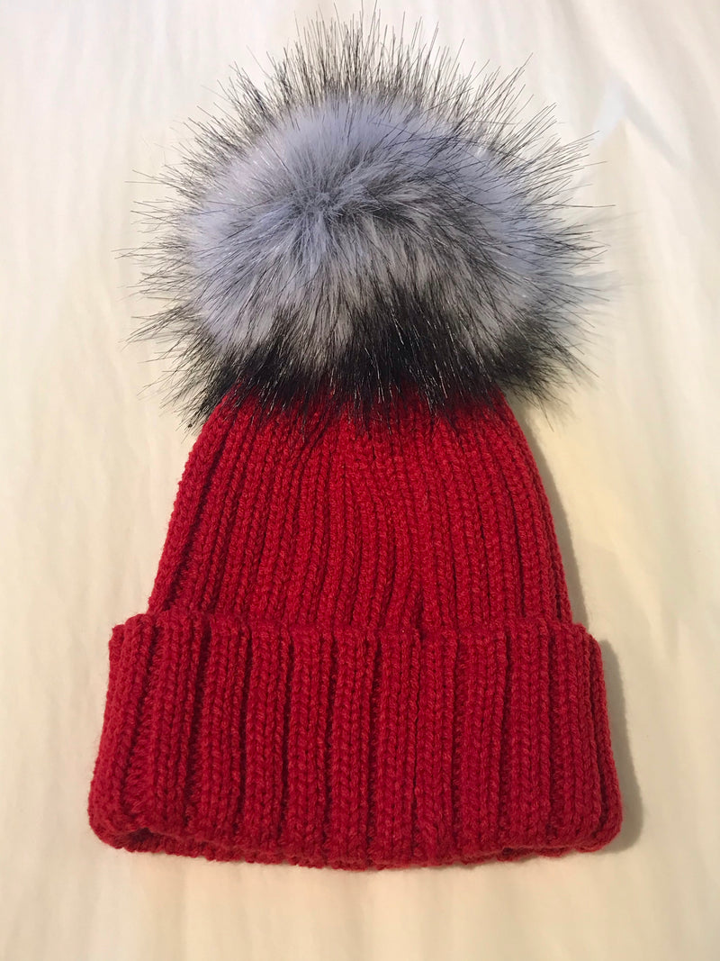 Faux Fur Single Pompom Ribbed Hat Red