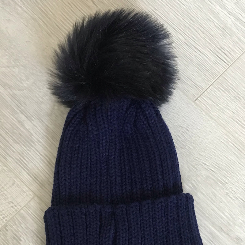 Faux Fur Single Pompom Ribbed Hat Navy