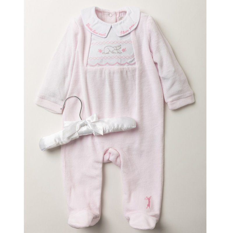 Guess How Much I love You Embroidered Pink Velour Sleepsuit