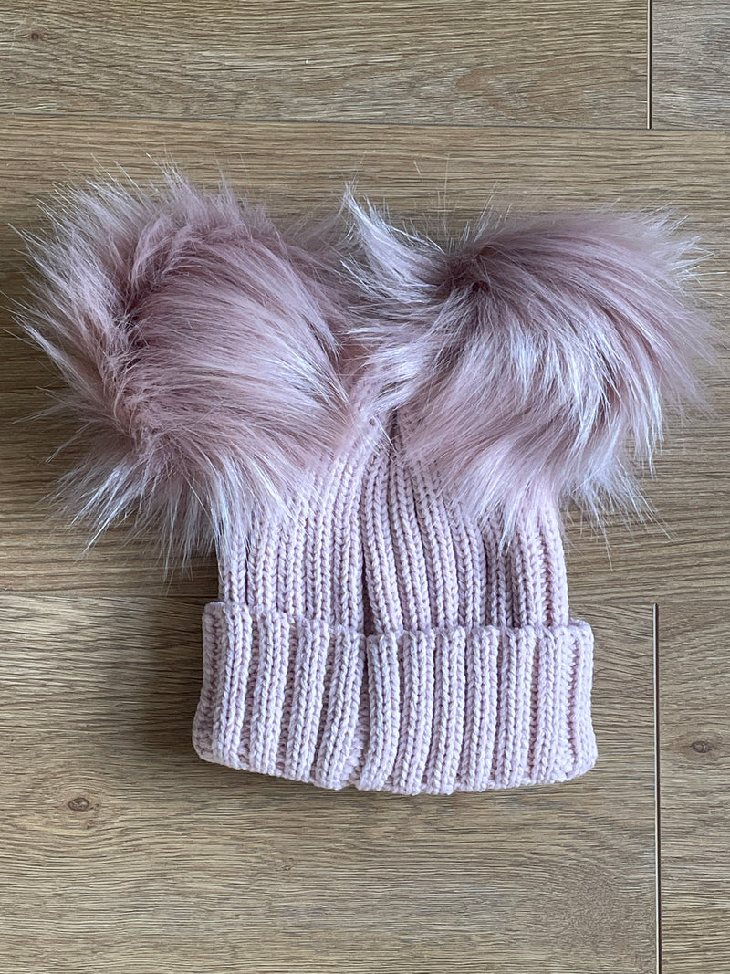 Faux Fur Double Pompom Ribbed Hat Rose Gold Pink