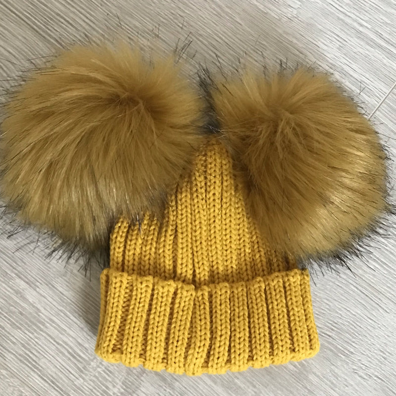 Faux Fur Double Pompom Ribbed Hat Mustard
