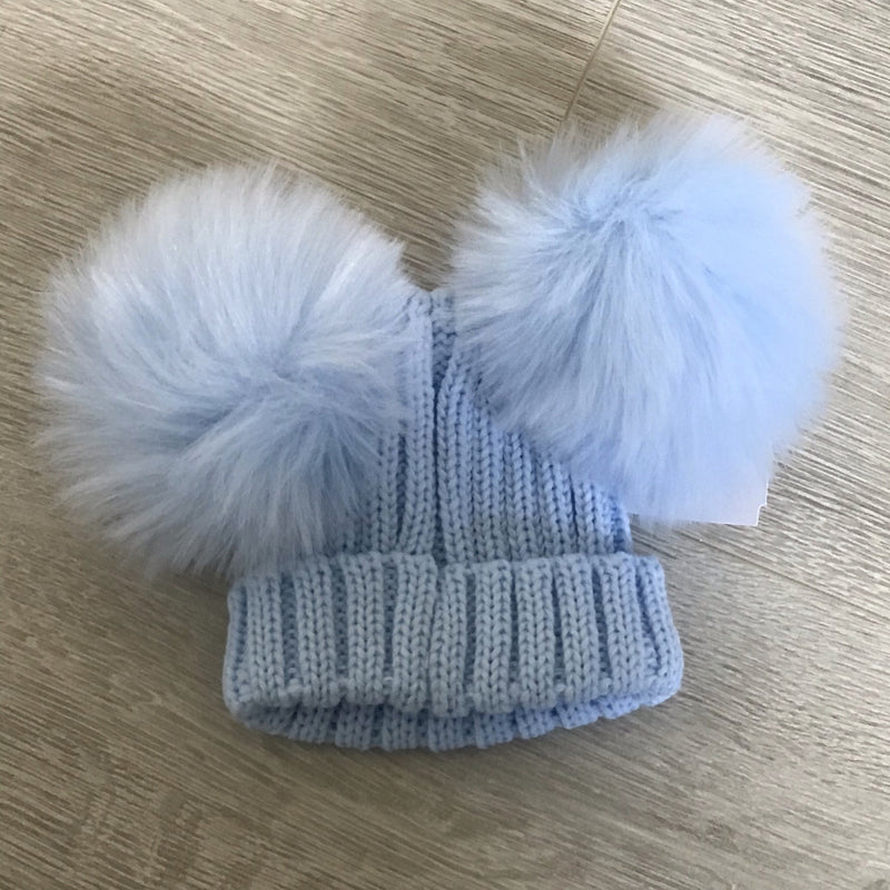 Faux Fur Double Pompom Ribbed Hat Baby Blue