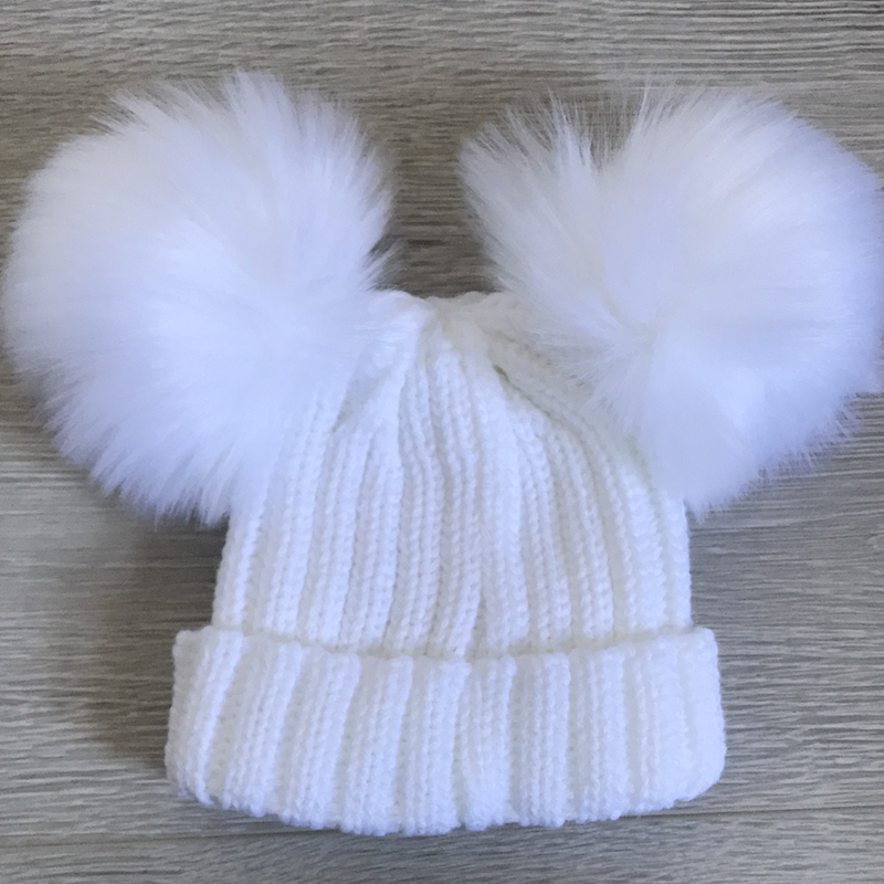 Faux Fur Double Pompom Ribbed Hat White