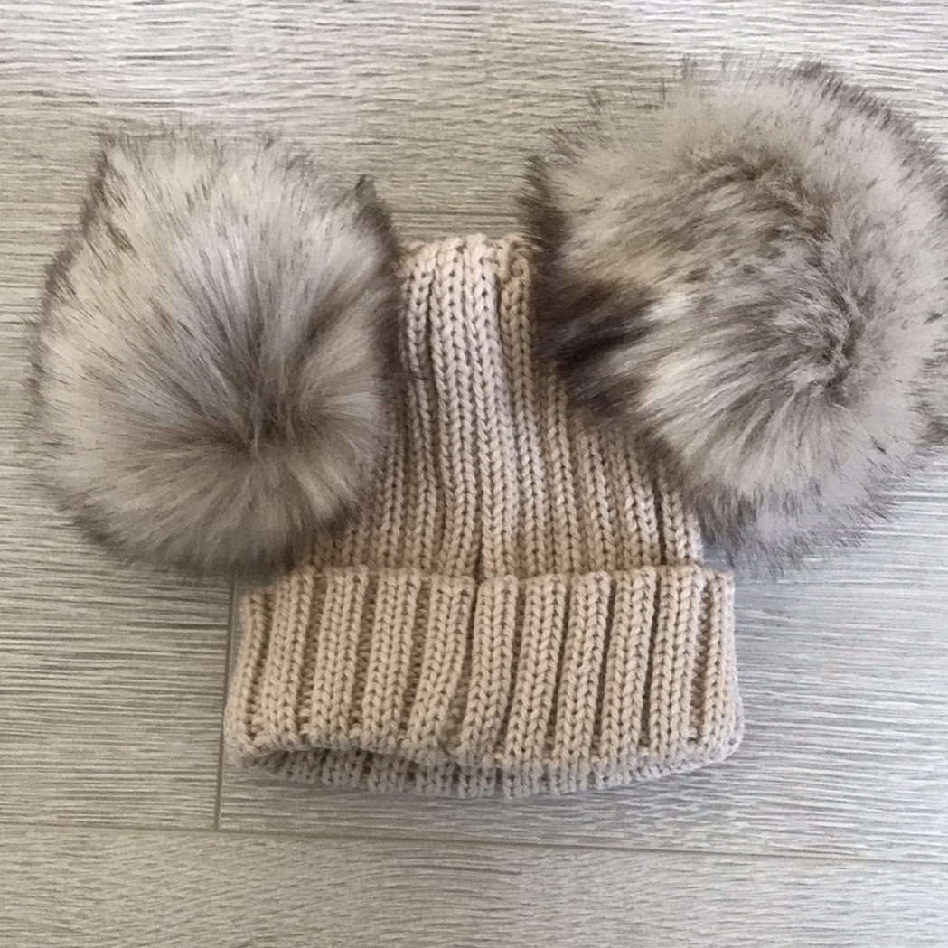 Kinder Faux Fur Double Pompom Ribbed Hat Beige