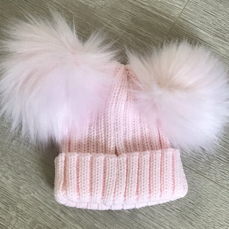 Faux Fur Double Pompom Ribbed Hat Baby Pink